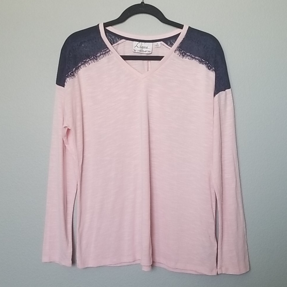 Linea by Louis Dell'Olia Retro Eyelash Lace Trim Long Sleeve Top Blouse Medium